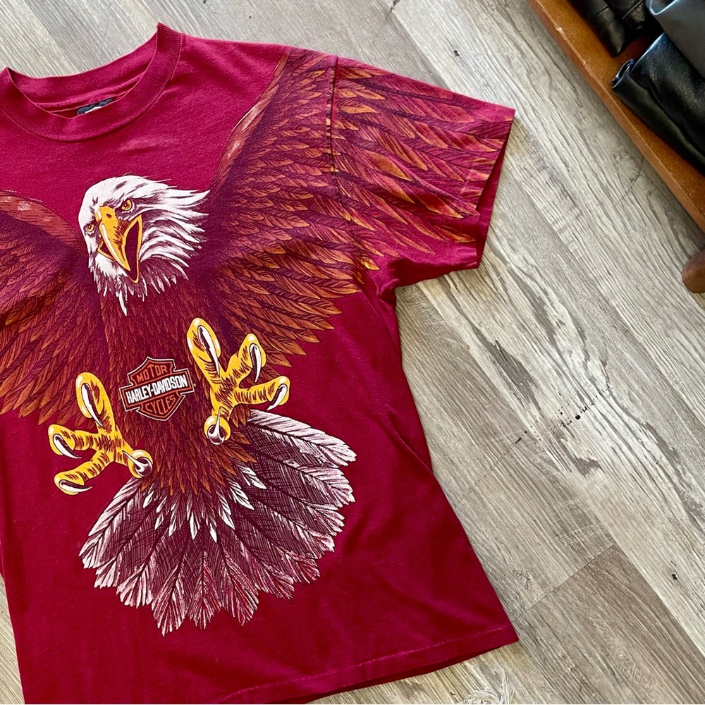 SOLD Vintage Harley Davidson Graphic T-Shirt 1993 Eagle All Over Print Maroon L - Picture 4 of 16